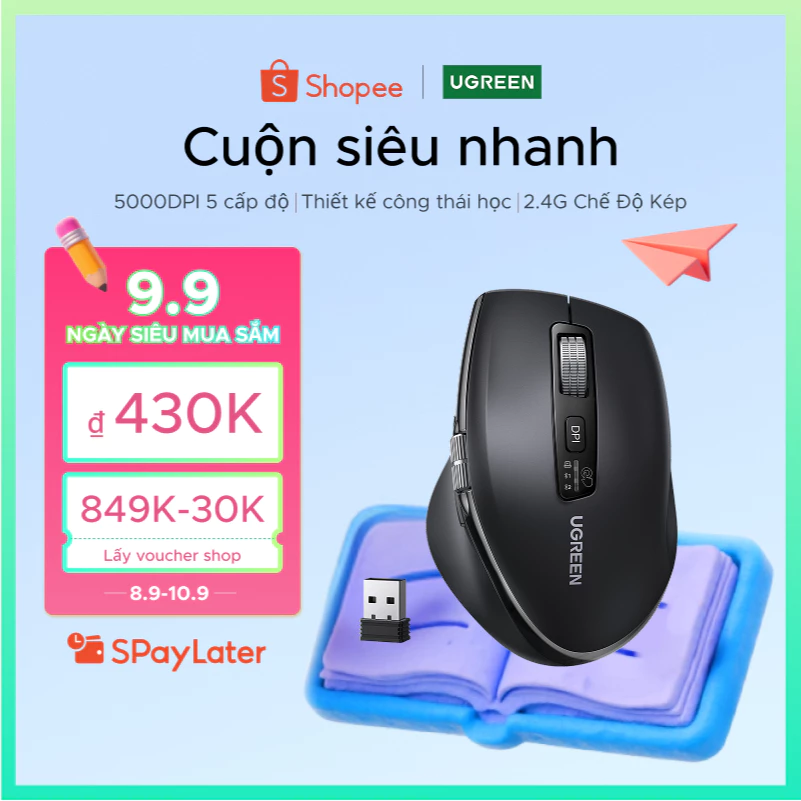UGREEN,Chuột Bluetooth Không Dây, 2.4G, Công Nghệ 5.0, Thiết Kế Công Thái Học, 5000DPI, 1000 Hàng Cuộn Tốc Độ Cao