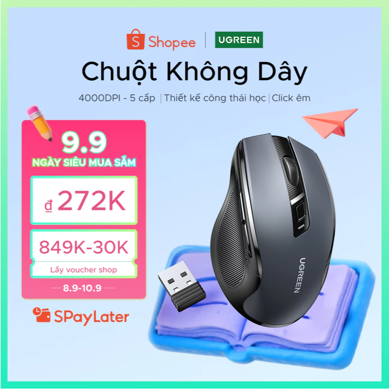 UGREEN Chuột không dây Bluetooth 5.0+2.4G 4000DPI| đa chế độ,  nút im lặng, Mouse 90855 Đen