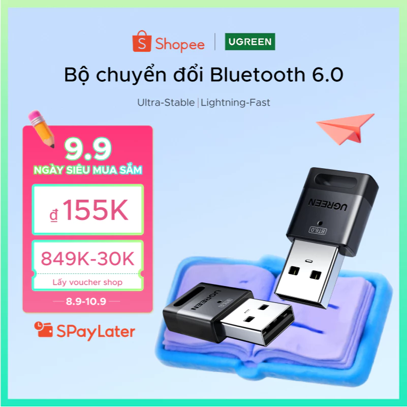 Bộ chuyển đổi Bluetooth USB UGREEN, 6.0 Dongle cho PC, Plug & Play cho Windows 11 / 10 / 8.1, Bộ thu và phát Bluetooth