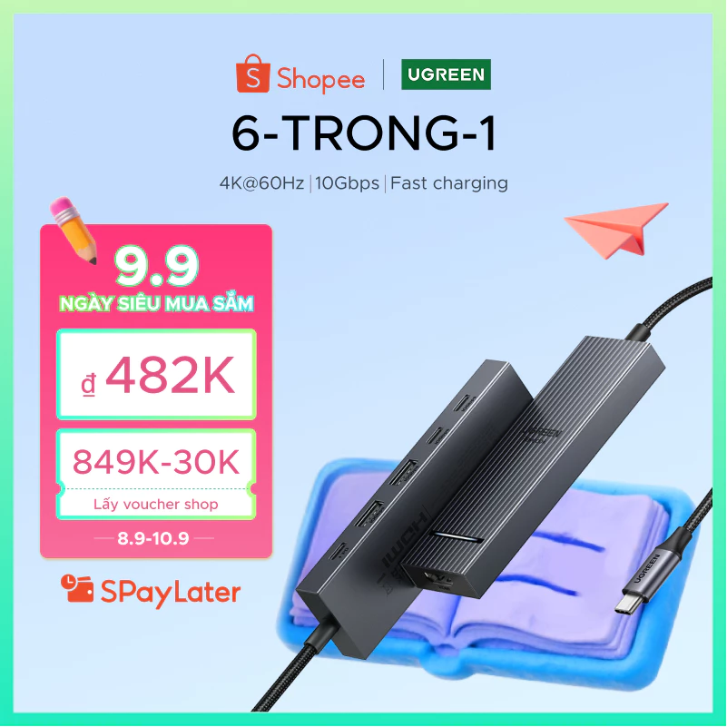 Ugreen 4K60hz 6-IN-1USB-C Trạm Docking đa chức năng USB3.2 Gen2 10Gbps