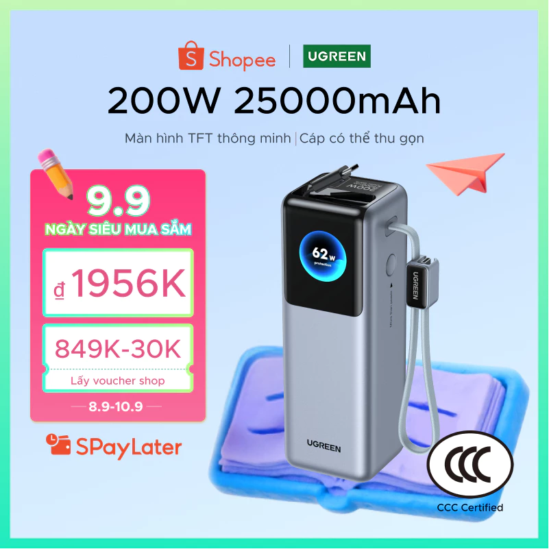 【Được chứng nhận CCC】Sạc dự phòng UGREEN 25.000mAh | Công suất 200W | Tích hợp 2 cáp USB-C có thể rút gọn | Có màn hình