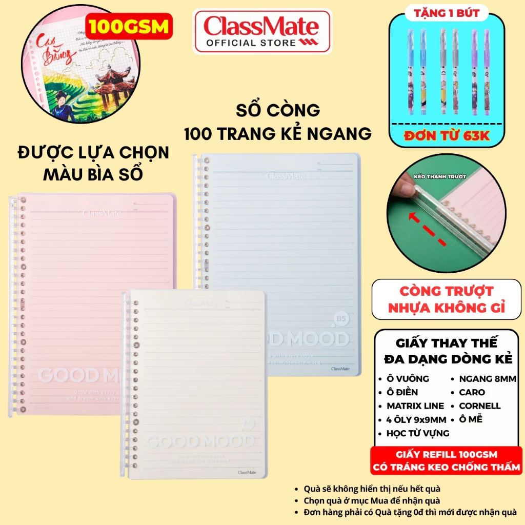 Sổ Còng Classmate 100 Trang Kẻ Ngang, Còng Nhựa Trượt Thay Được Giấy Refill 100GSM, Đủ Loại Dòng Kẻ, Sổ Bìa Nhựa A5 B5