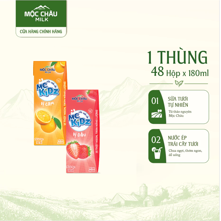 Thùng 48 Hộp Sữa Trái Cây MC Kidz Mộc Châu Milk 180ml