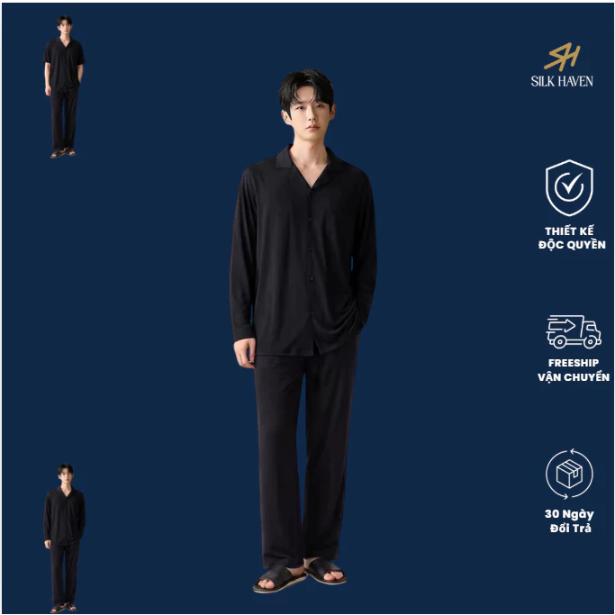 Bộ pijama lụa Cao Cấp Ống suông CÓ TÚI QUẦN - SILK HAVEN BL13- Bộ Ngủ Nam Chất Lụa đắt t/ền nhất