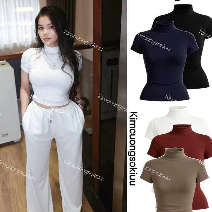 Kimcuongsokiuu Áo cổ lọ thắt eo ôm body phong cách đơn giản và thời trang