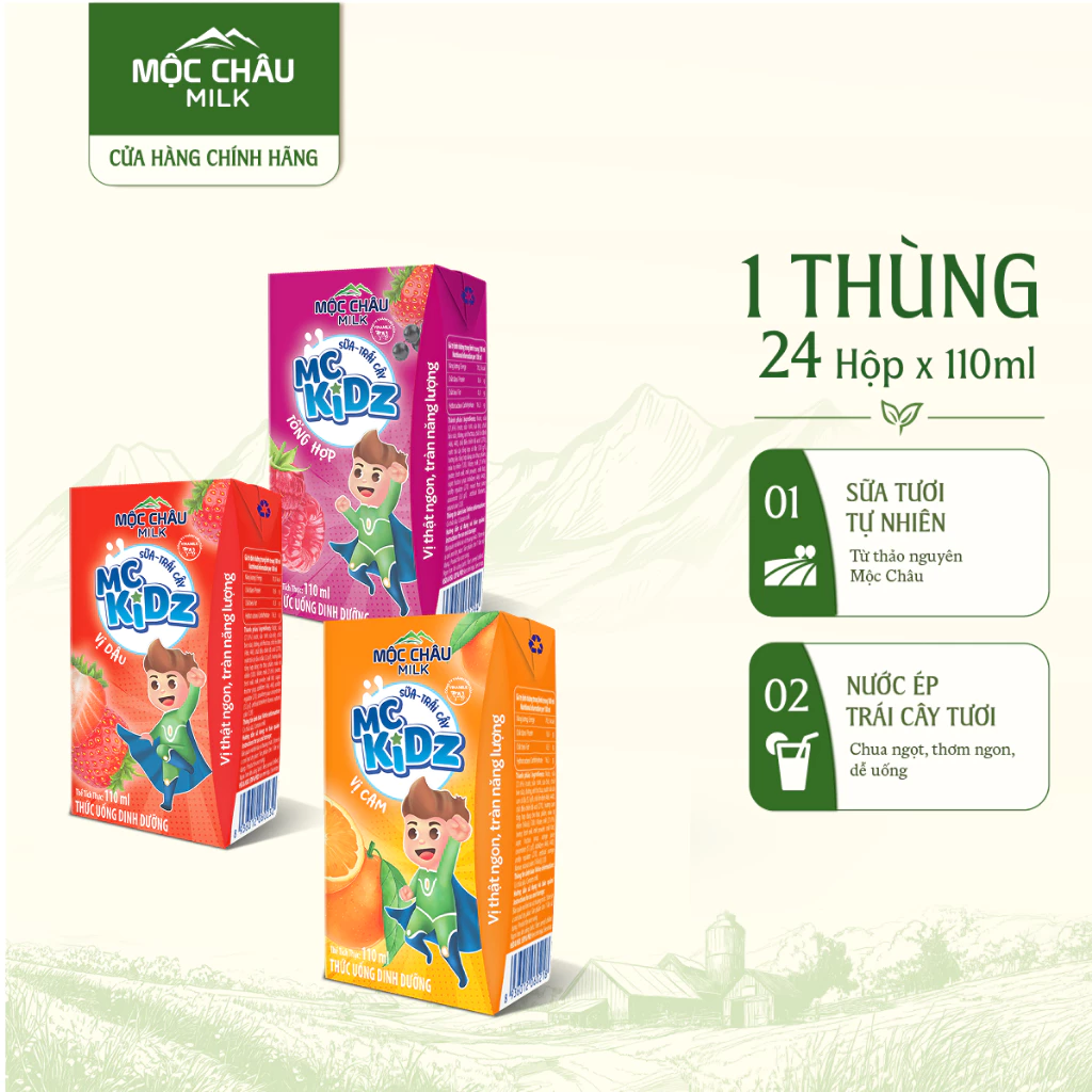 Thùng 24 Hộp Sữa Trái Cây MC Kidz Mộc Châu Milk 110ml