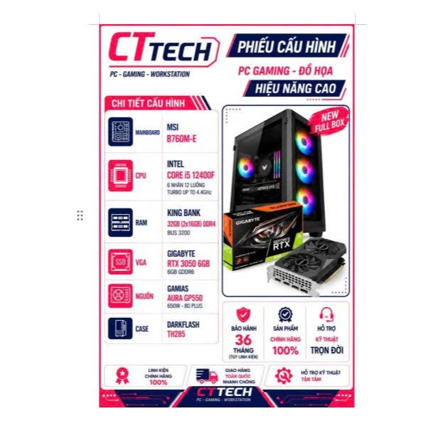 Bộ PC Lắp Ráp CTTech 10 Gigabyte RTX 3050 6G / I2400F / 16GB 3200MHZ / NVMe 512G | Mới | Bảo Hành 36 Tháng