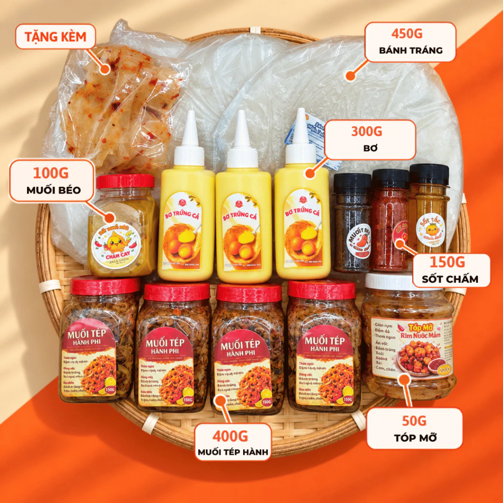 Combo Chào Xuân Bánh Tráng Phơi Sương BẢY NGA – Muối Tép Hành Phi, Muối Béo, Tóp Mỡ, Sốt Tắc (Tặng Bánh Tỏi Bò)