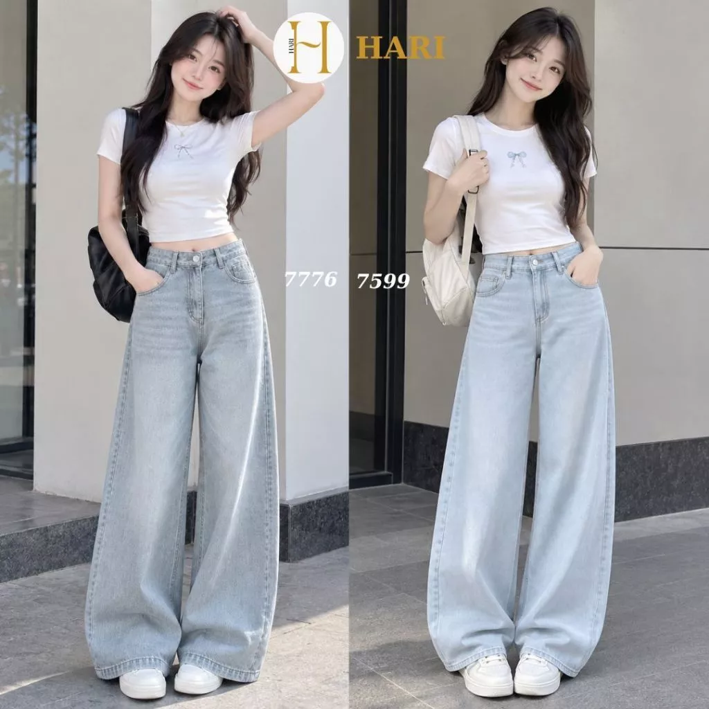 Quần Jean Wash Nữ Hari Ống Rộng Cạp Cao Form Suông Unisex Lên Dáng Đẹp Đi Học Đi Chơi