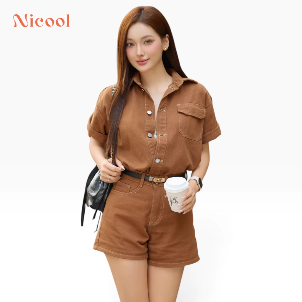 Set Bộ Jean Nữ NICOOL Vintage - Áo Sơ Mi Cộc Tay Kèm Quần Short Lưng Cao Chỉ Nổi Phong Cách N41-P3