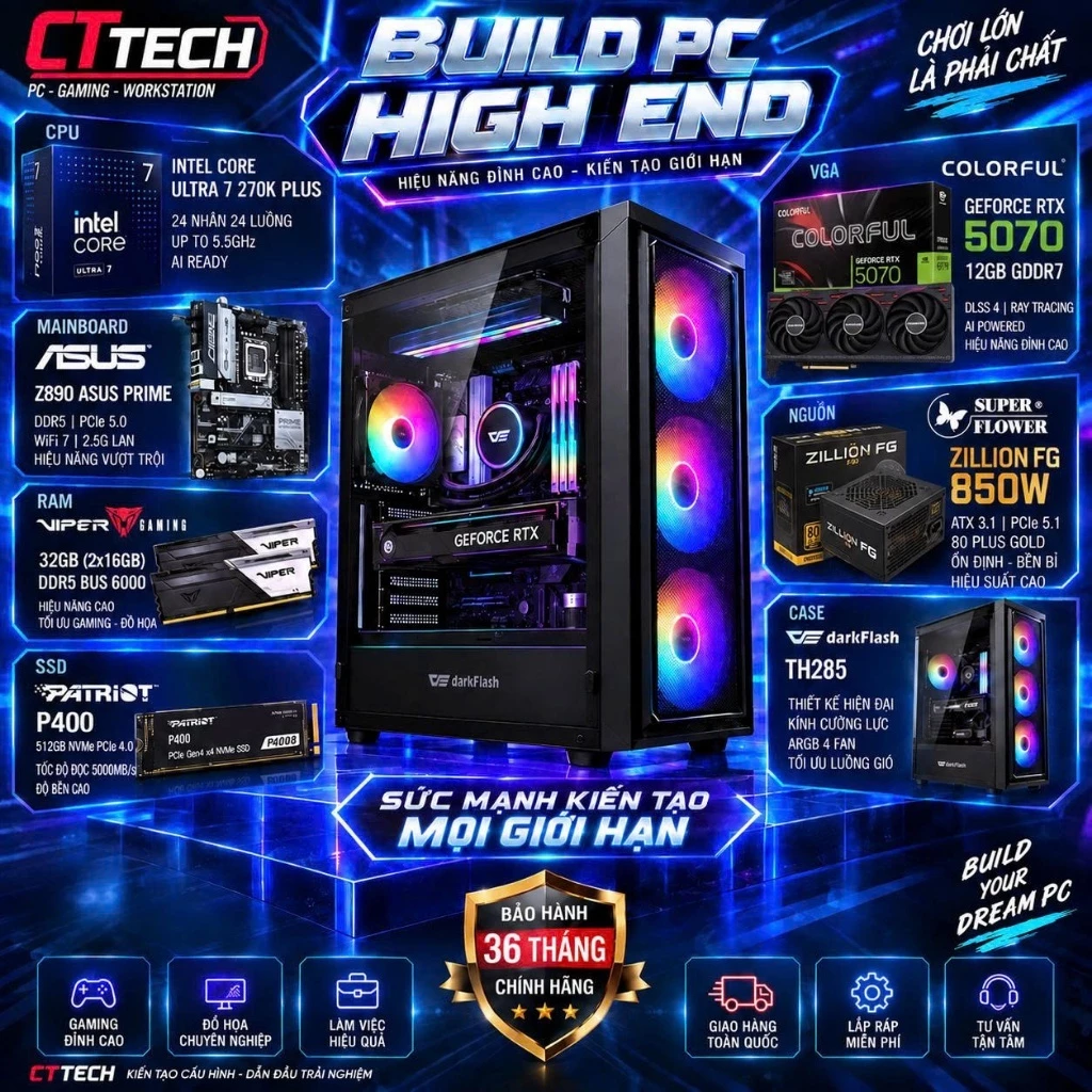 Bộ PC Lắp Ráp CTTech 11 Colorful RTX 5070 12GB / U7 270K+ / 32GB 6000MHZ / NVMe 512G | Mới | Bảo Hành 36 Tháng