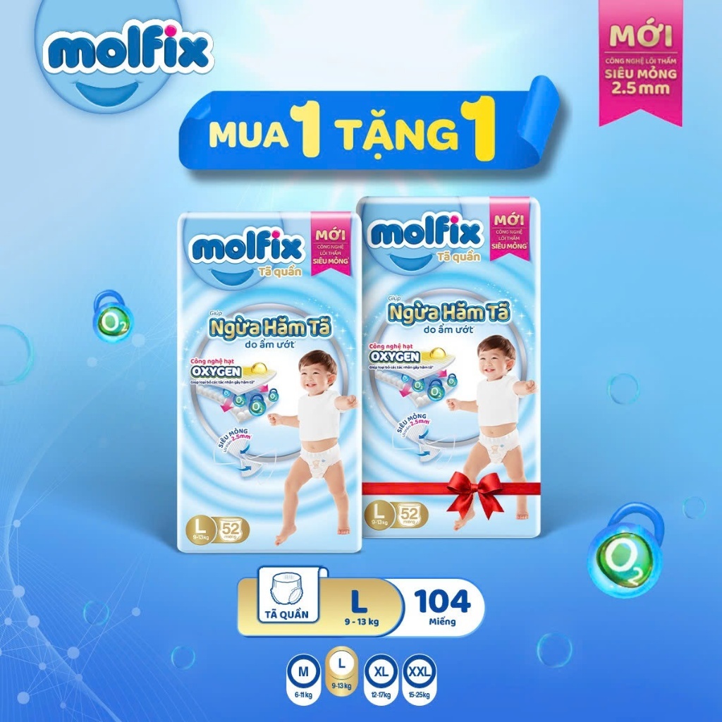 Tã/bỉm quần Molfix Oxy Super Jumbo giúp Ngừa Hăm Tã size M,L,XL,XXL,XXXL