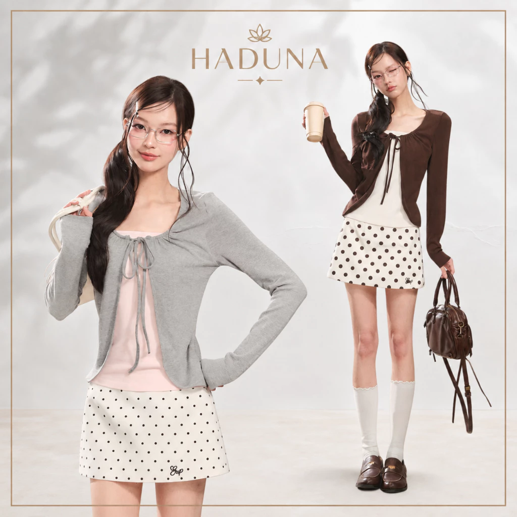 Set 2 Áo Nữ Cardigan Tay Dài Phối Áo Trong Cổ Vuông Dây Rút Phong Cách Casual AT020