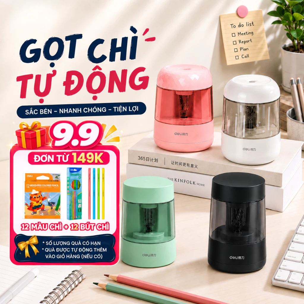 [🔥9.9 - 99K - TẶNG 24 QUÀ] Gọt bút chì điện tự động Deli tiện lợi, an toàn bảo vệ người dùng, màu sắc hiện đại