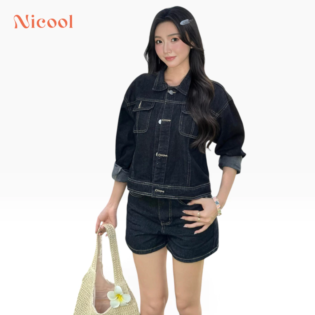 Set Bộ Jean Nữ NICOOL Cá Tính - Áo Khoác Denim Croptop Kèm Quần Short Cạp Cao Chỉ Nổi N41-P2