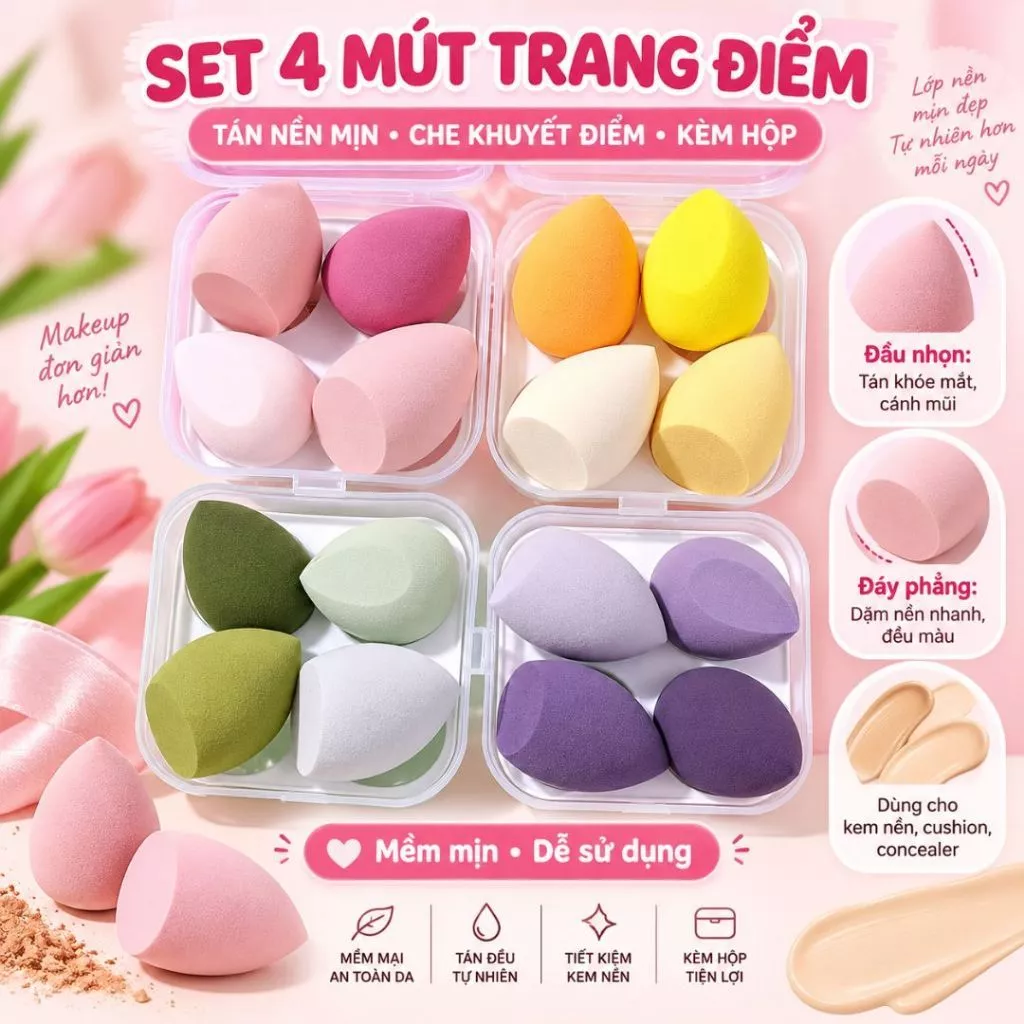 Set 4 mút trang điểm VINALUXURY tiện lợi mềm mại chất lượng cao
