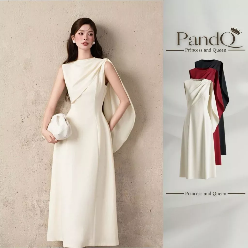 Váy Đầm Dài Lệch Vai PandQ Phối Vạt Choàng Tôn Dáng Dáng Xòe A Phong Cách Sang Trọng Quý Phái | vd0148