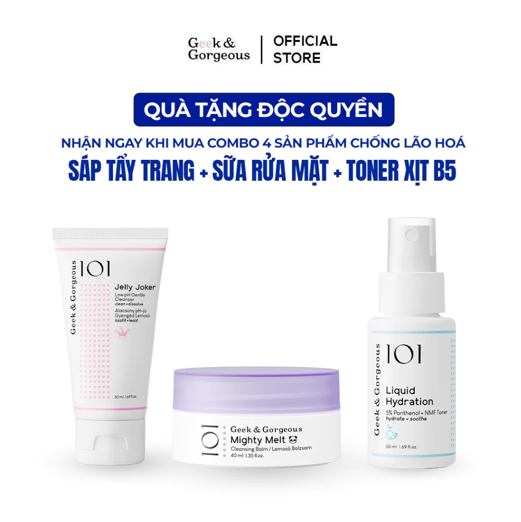 [QUÀ ĐỘC QUYỀN THÁNG 9] Bộ 3 SP Mini Geek&Gorgeous Mighty Melt 40ml + Jelly Joker 50ml + Liquid Hydration 50ml
