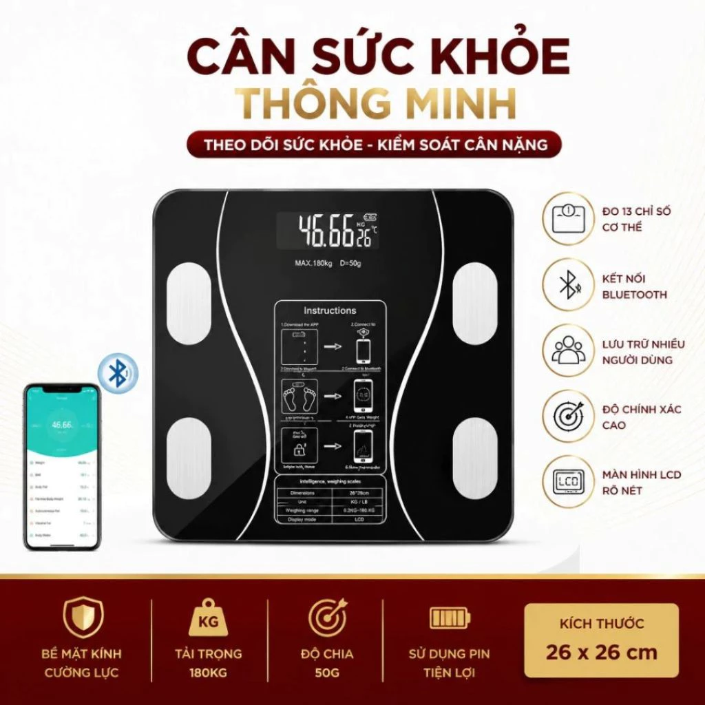 Cân Điện Tử VINALUXURY phân tích chỉ số cơ thể và sức khoẻ dùng app điện thoại [ HÀNG TỐT ]