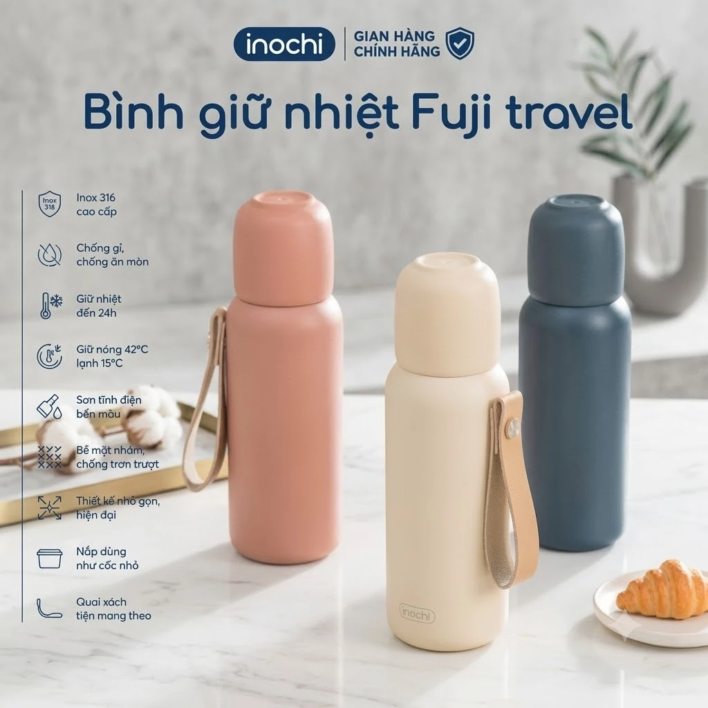 Bình giữ nhiệt Fuji Travel 500ml - Đựng nước, giữ nóng hoặc lạnh đồ uống, Chính hãng inochi