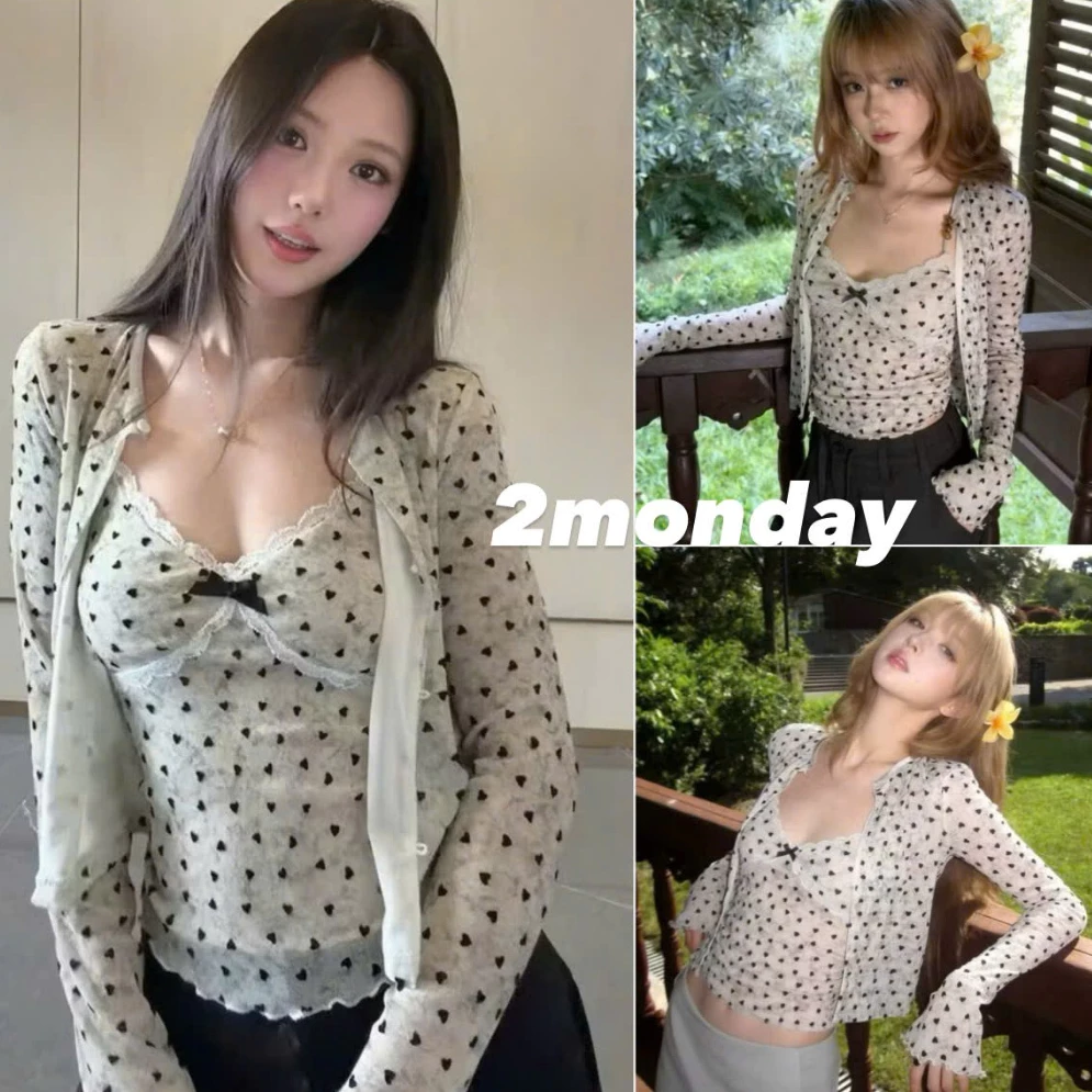 [HÀNG QC/ LOẠI 1] SET ÁO CARDIGAN KÈM ÁO HAI DÂY NƠ HOẠ TIẾT TIM MỀM MẠI SIÊU XINH 2MONDAY S77
