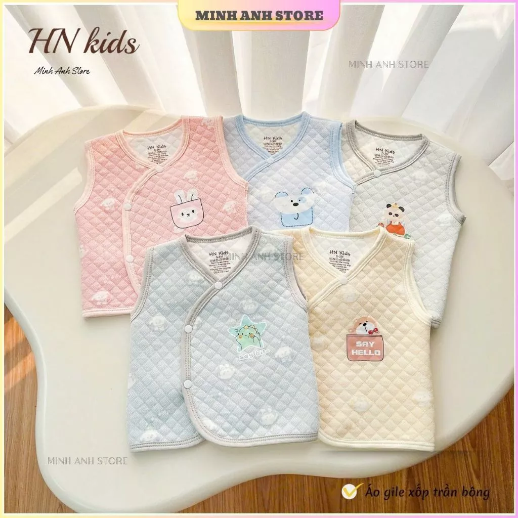 Áo gile xốp trần bông nền màu trơn in nhiệt dễ thương, giữ ấm tốt cho bé sơ sinh từ 3-9kg