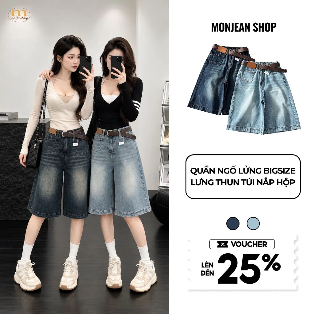 Quần Ngố Jean Nữ Lửng Bigsize Lưng Thun Túi Hộp  Quần Jeans Lửng Nữ Form Rộng Cá Tính Ms79