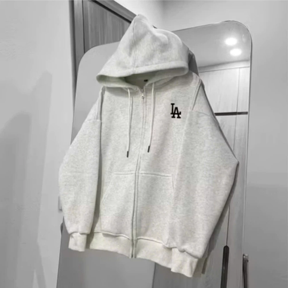 Áo Khoác Hoodie Zip Nỉ Nam Nữ LA Logo Chữ In Nhiệt Khóa Kéo Dày Dặn Dáng Rộng Phong Cách Boy Phố Hot Trend
