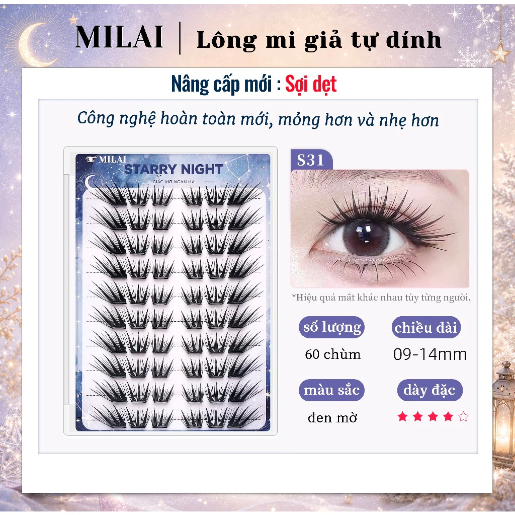MILAI Lông mi giả tự dính S31, sợi dệt nâng cấp 60 chùm, mi cluster không keo, dày đặc mắt to cho người mới