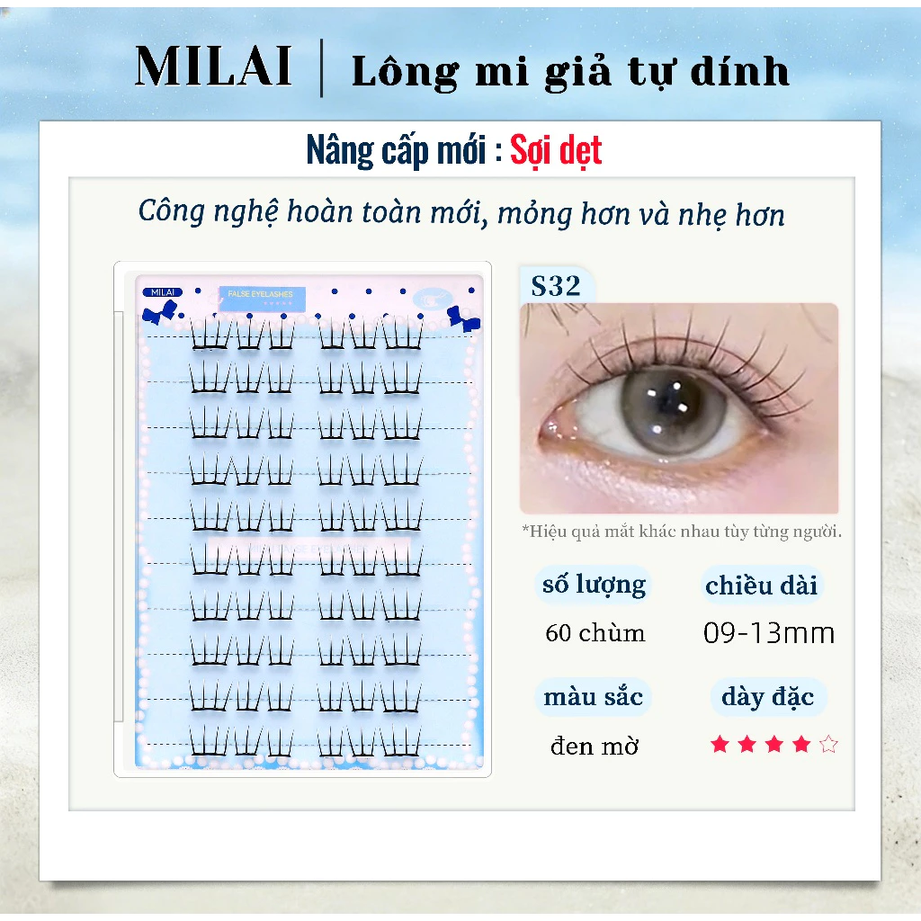 MILAI Lông mi giả tự dính S32, sợi dệt nâng cấp 60 chùm, mi cluster không keo, mềm nhẹ tự nhiên cho người mới