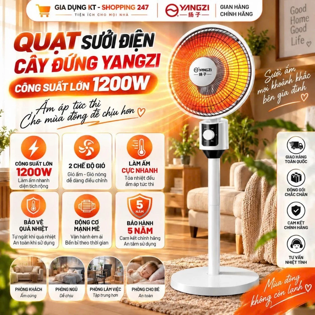 Quạt Sưởi Cây Đứng YANGZI Công Suất Lớn 1200W, Làm Ấm Cực Nhanh, Bảo Vệ Quá Nhiệt, Hoạt Động Mạnh Mẽ, Không Gây Tiếng Ồn