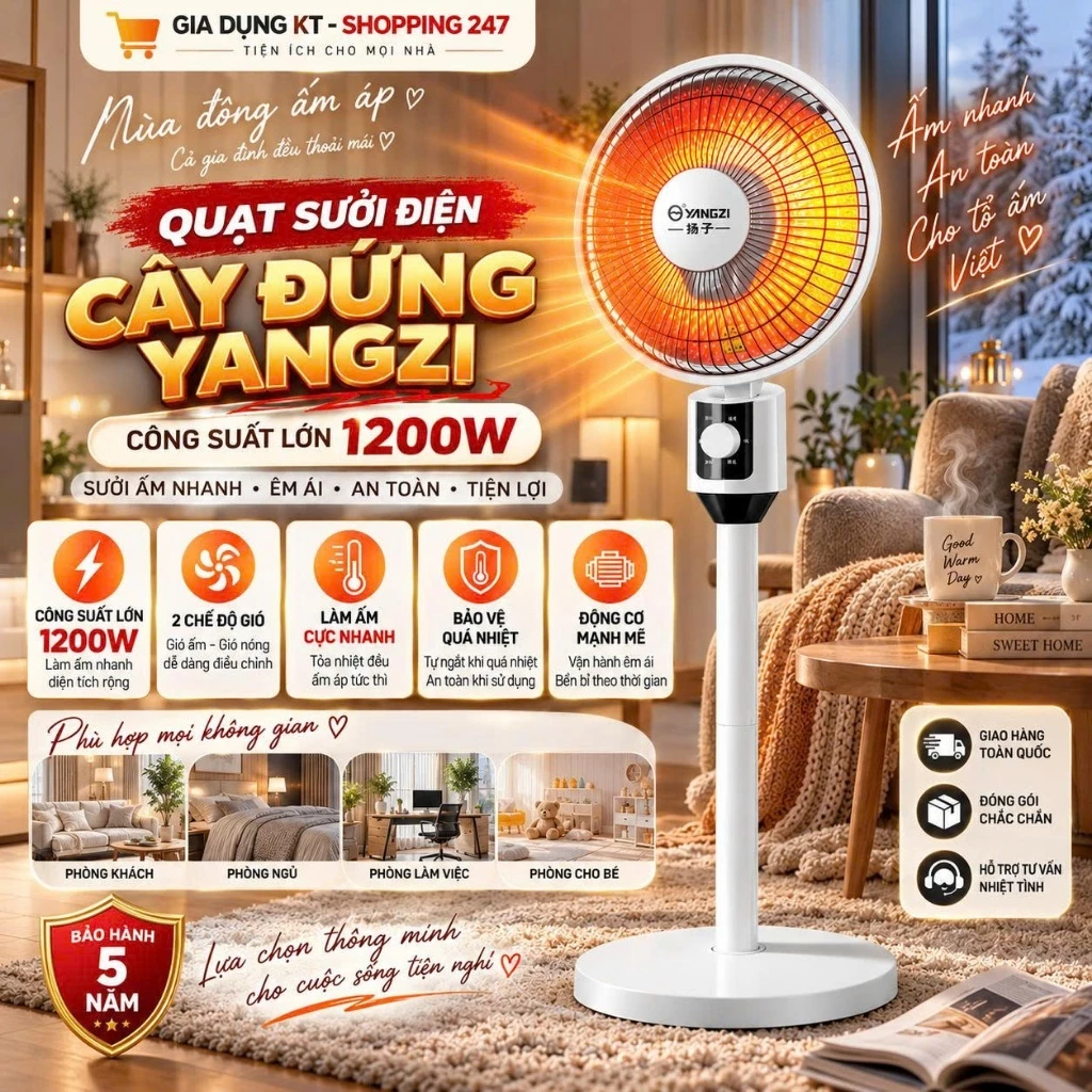 Quạt Sưởi Điện YANGZI Công Suất Lớn 1200W, Làm Ấm Cực Nhanh, Kết Cấu Nhựa Chắc Chắn, Hoạt Động Mạnh Mẽ, Bền Bỉ