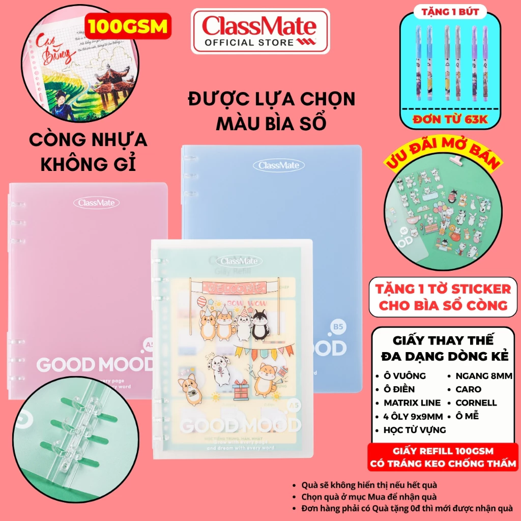 Sổ Còng A5 B5 100GSM Classmate  Bìa Nhựa Dày Dặn, Còng Nhựa Không Gãy Không Gỉ Thay Được Giấy Refill Đủ Loại Dòng Kẻ