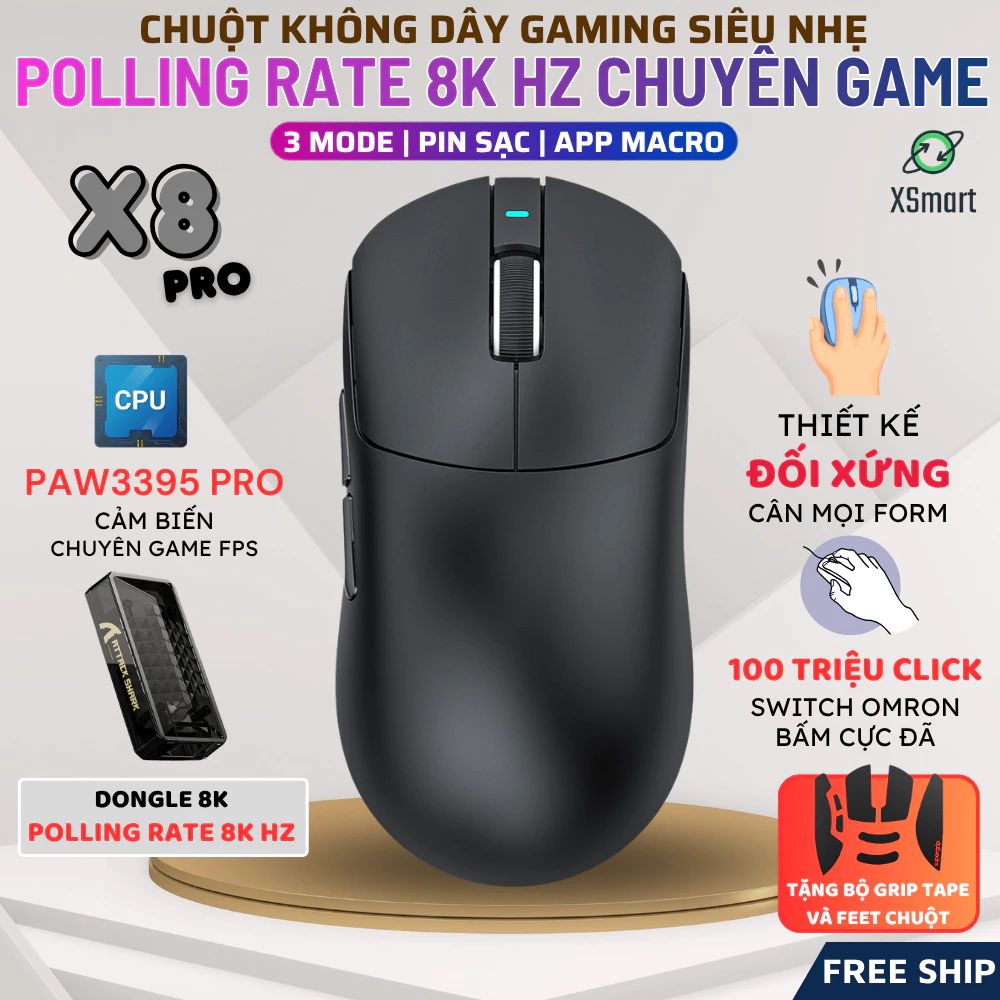 Chuột Gaming Không Dây Attack Shark X8 PRO Chip PAW3395 Pro Polling Rate 8KHz Switch Omron Pin Sạc