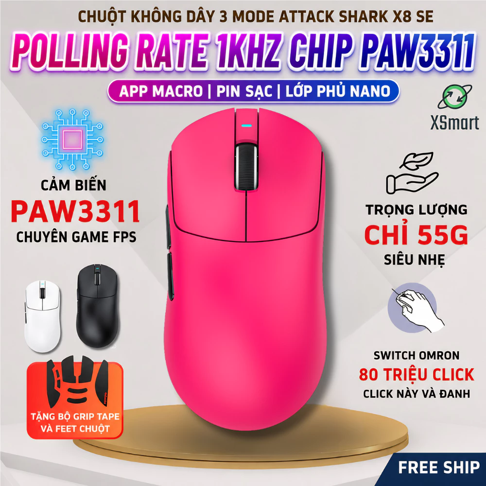 Chuột Không Dây Chuyên Game Attack Shark X8SE PAW3311, 25000 DPI, 1000Hz, Switch Omron, Pin 500mAh
