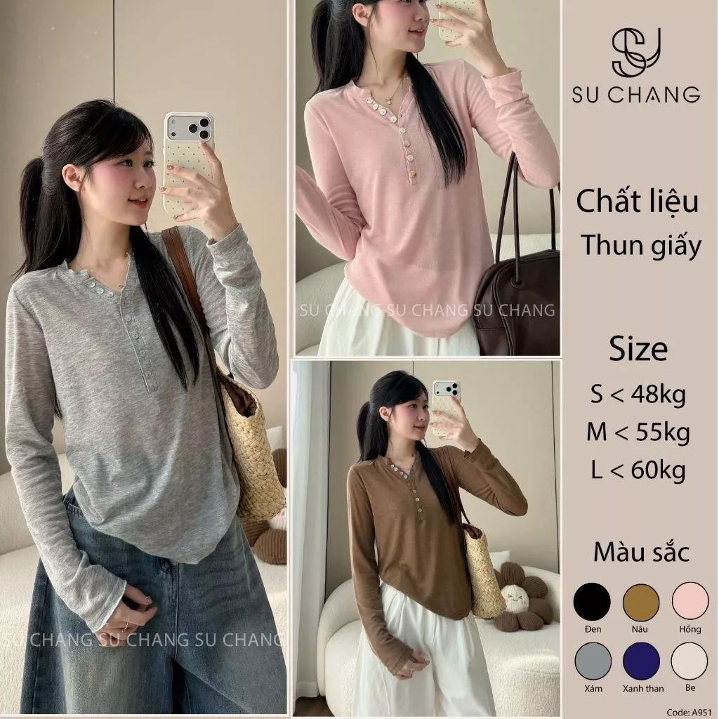 Áo Thun Giấy Cổ V Cúc Dọc Basic A951 Su Chang Thời Trang Nữ