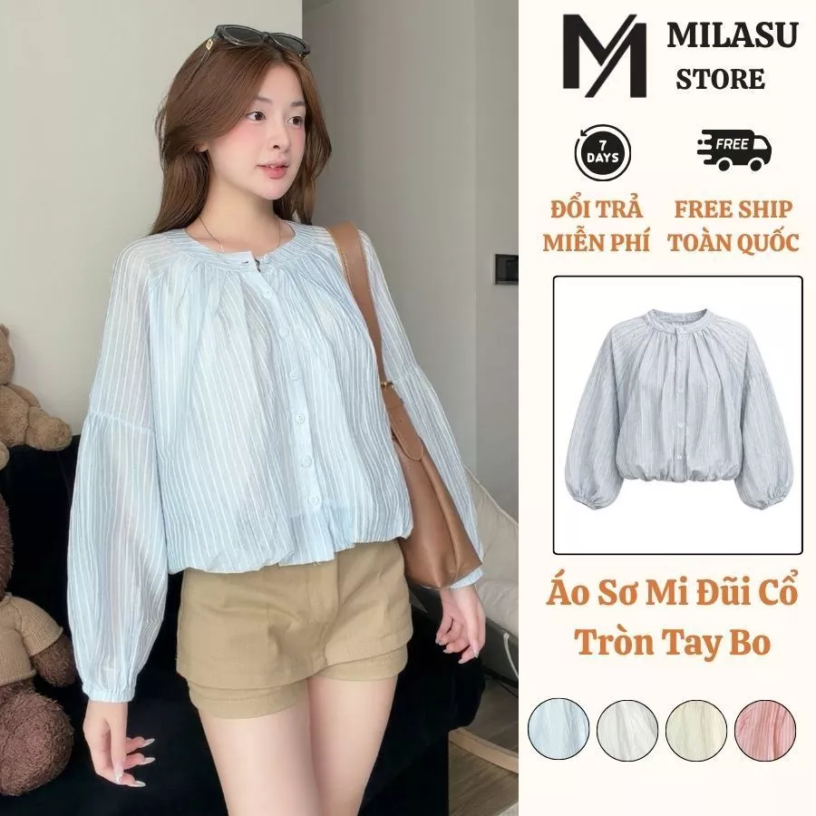 Áo Sơ Mi Đũi Cổ Tròn Tay Bo Gấu Milasu Áo Kiểu Dài Tay Mềm Mịn Nhiều Khuy 563