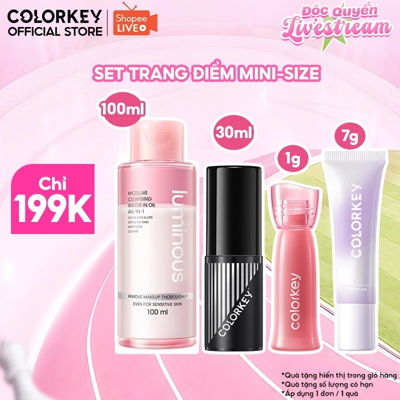 [LIVE] Set Makeup Mini COLORKEY Xịt khoá 30ml & Son Watery Tint 1g & Kem Lót 7g & Nước Tẩy Trang 100ml