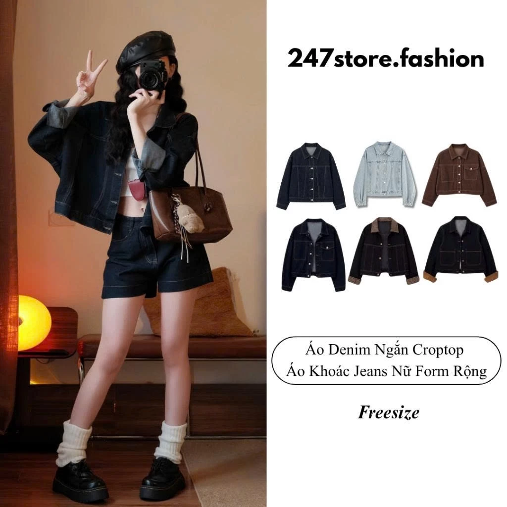 Áo Khoác Jeans Croptop 247Store Unisex Form Rộng Cá Tính Đi Học Đi Chơi