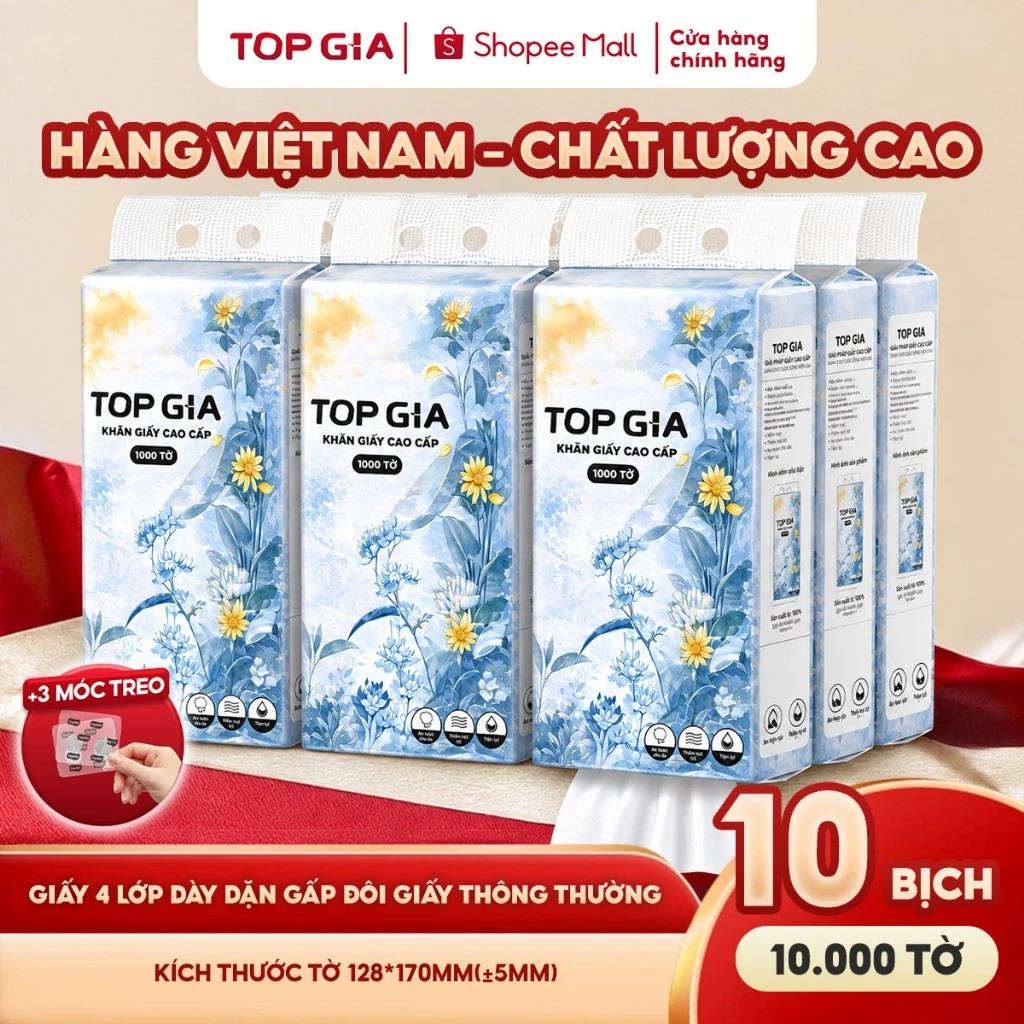 Khăn giấy cao cấp Mộc an Topgia hàng Việt Nam 4 lớp, 1000 tờ  tặng 3 móc treo tiện lợi