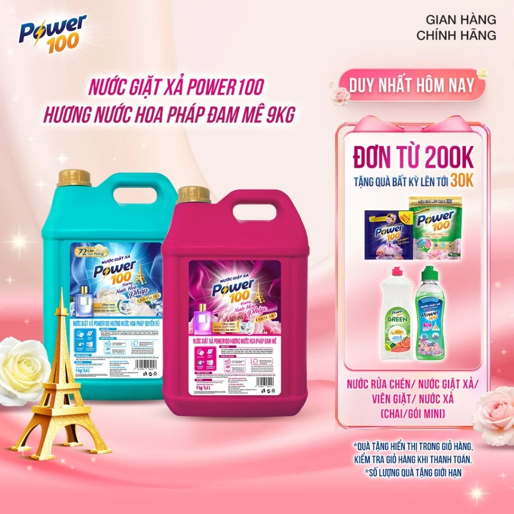 Nước giặt xả Power100 Hương Nước Hoa Pháp 9kg
