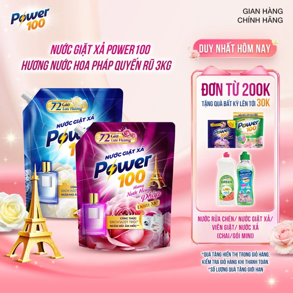 Nước Giặt Xả Power100 Hương Nước Hoa Pháp Túi 3KG