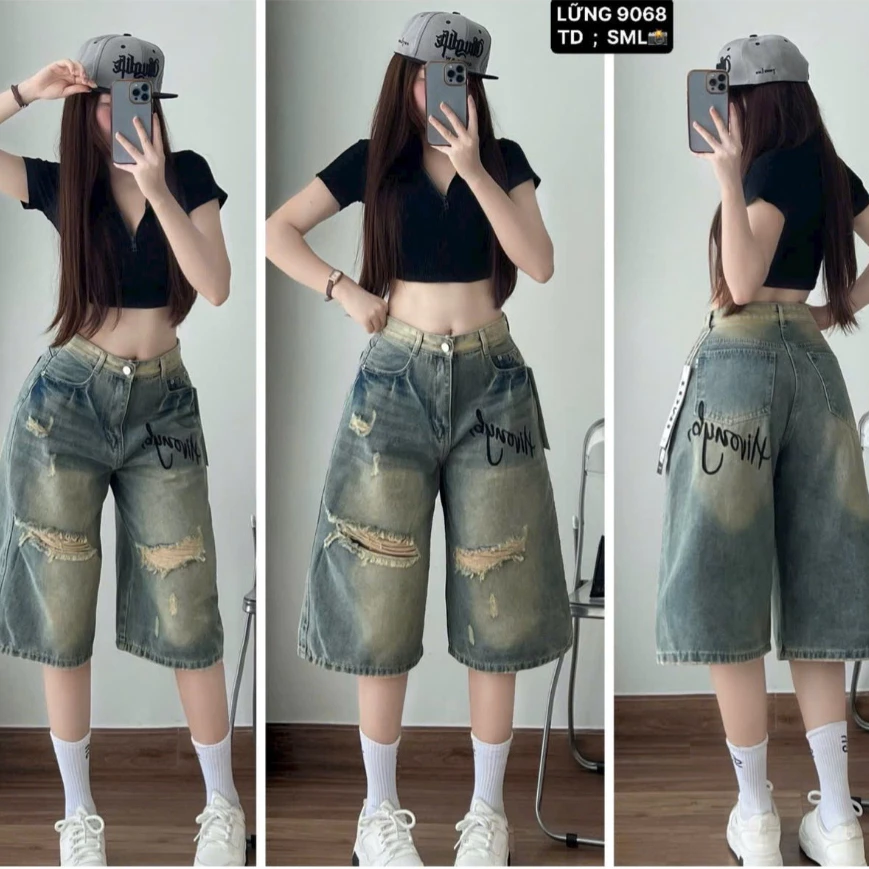Quần Short Lửng Jean Nữ, Quần Ngố Jeans Nữ Phối Rách Thêu Chữ Phá Cách Trẻ Trung Hottrend - 9068