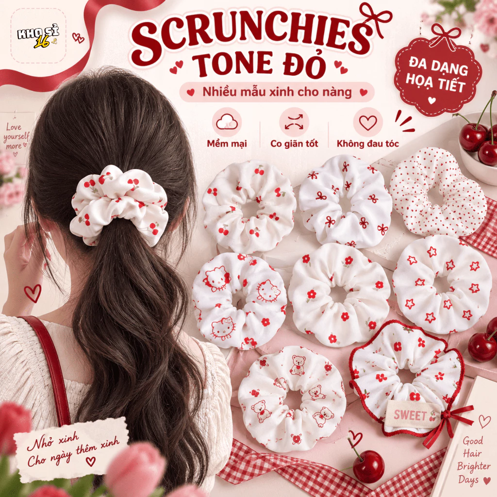 Scrunchie Nữ Họa Tiết Viền Đỏ, Chấm Bi, Caro, Phụ Kiện Tóc Dễ Thương Theo Phong Cách Hàn Quốc_ khosi16-SC04
