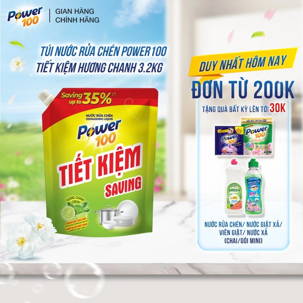 Nước Rửa Chén POWER100 túi tiết kiệm Hương chanh 3.2kg
