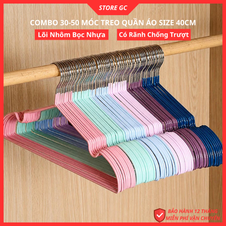 COMBO 10cái 20cái móc G05 treo quần áo nhôm bọc nhựa người lớn Size 40cm có rãnh chống trượt