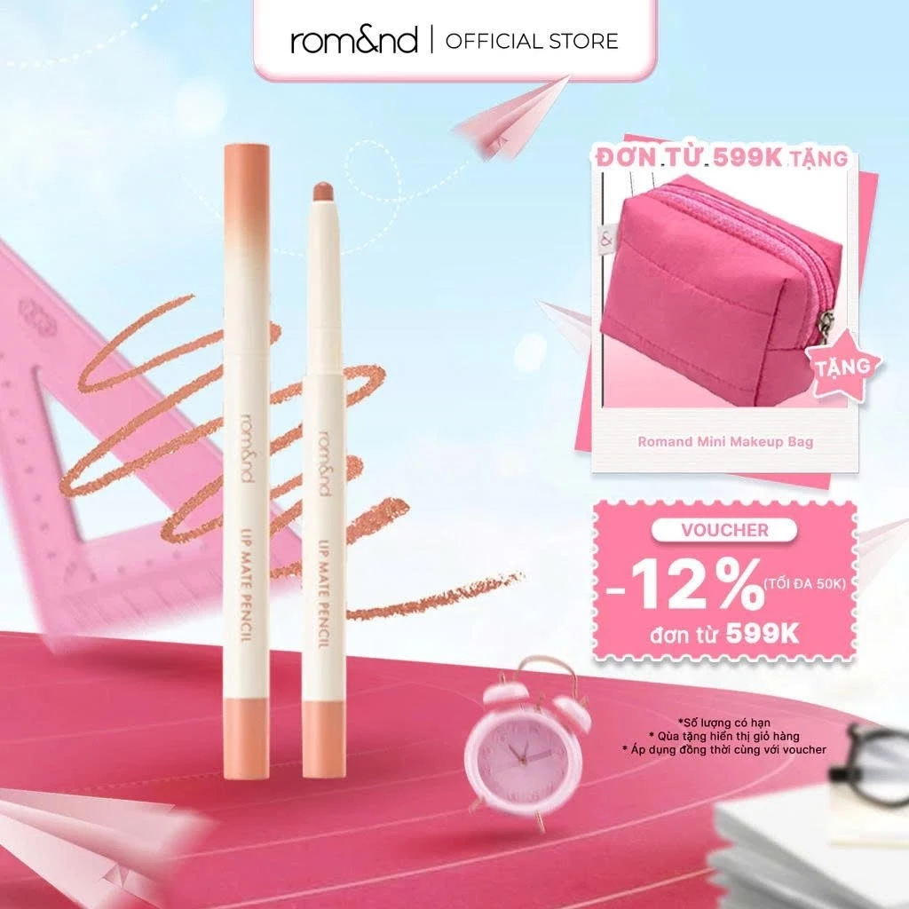 [Rom&nd] Chì kẻ viền môi mịn lì, kèm cọ tán Hàn Quốc Romand Lip Mate Pencil - Be OVEEER Shade - 0.5g