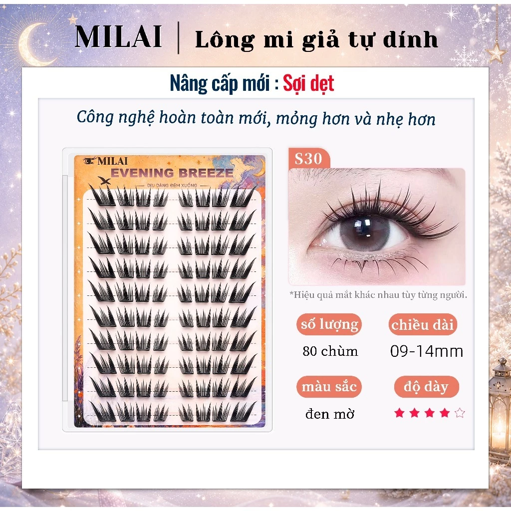 MILAI Lông mi giả tự dính S30, sợi dệt nâng cấp 80 chùm, mi cluster không keo, mềm tự nhiên dễ dùng cho người mới