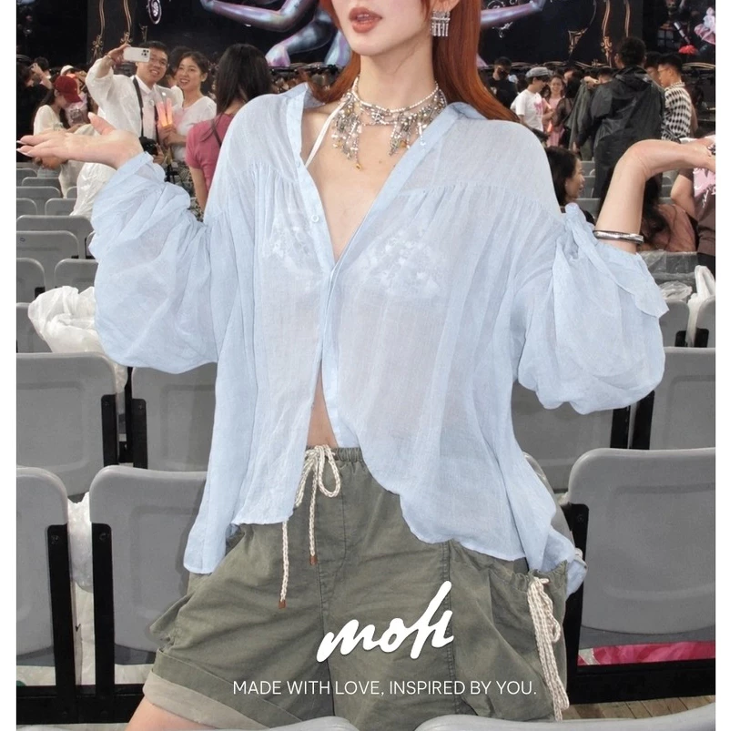 MOLI - Áo Sơ Mi Nữ Tơ Mỏng Tay Bèo Form Rộng Nhún Nhẹ Vintage Thiết Kế Mùa Hè Dễ Phối Đồ