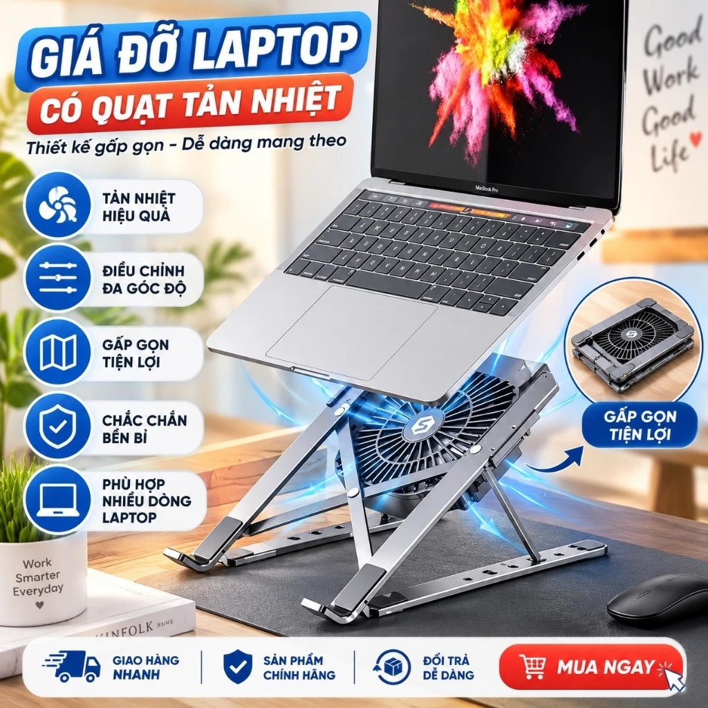 Giá Đỡ Laptop Có Quạt Tản Nhiệt, Kệ Nâng Laptop Gấp Gọn 6 Cấp Độ, Điều Chỉnh Tốc Độ Gió, Dùng Cho Laptop 11–17 Inch